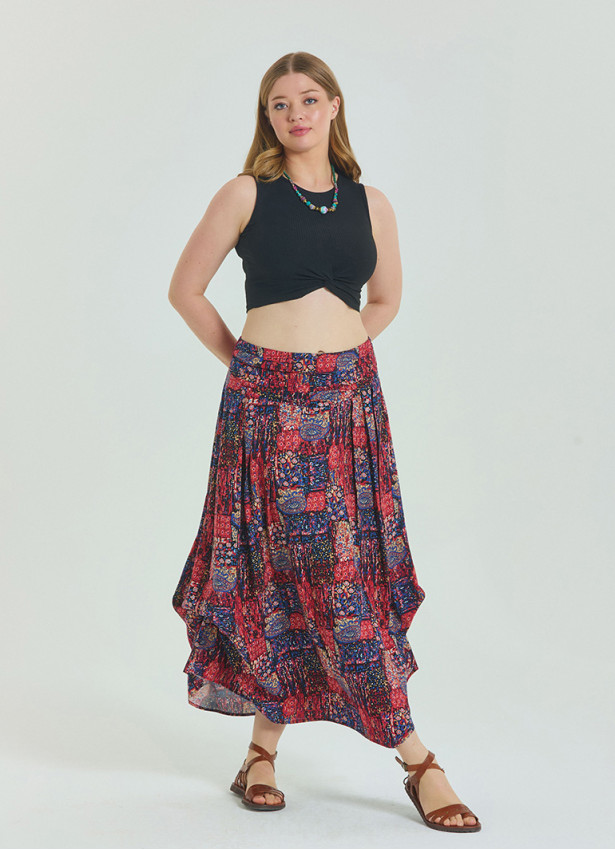 Red Patterned Plus Size Skirt with Elastic Waist Drape Detail 4603